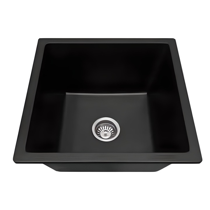 Кухненска мивка, Единична купа, Гранит, 45x45, Черно, В комплект сифон