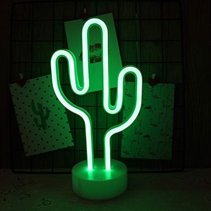 Lampa decorativa neon, model cactus, alb, lumina verde, 15x30cm