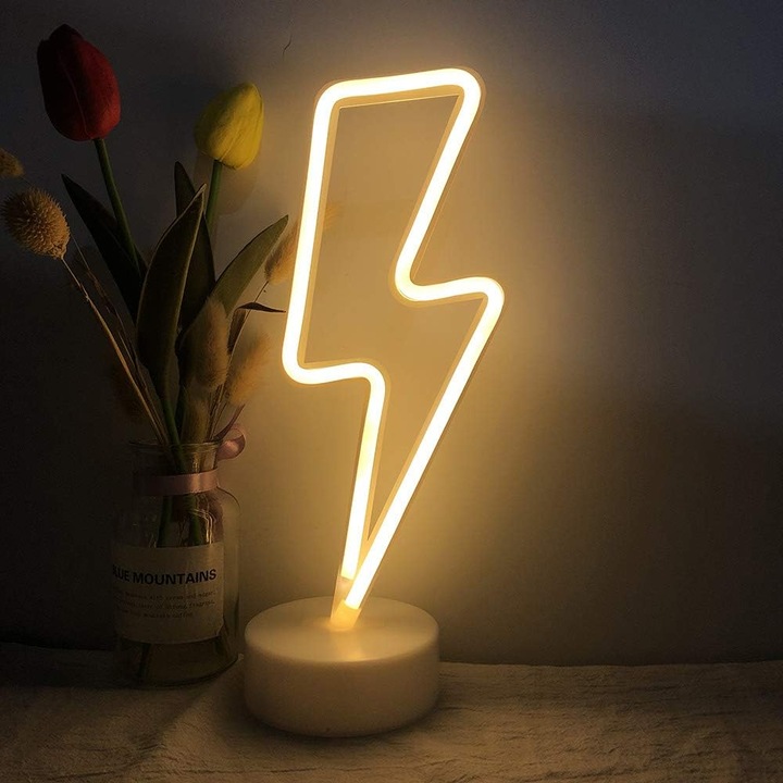 Lampa LED neon ZYBLSSBB LSM2XH26272-ZJWJ521, forma fulger pe baza pentru birou/masa, alimentare USB sau 3xAA, banda LED silicon, alb cald