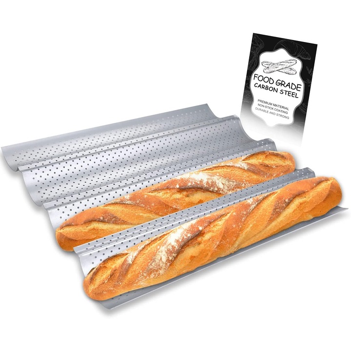 Tava pentru baghete pentru coacerea painii frantuzesti, durabilitate rezistenta, suprafata perforata antiaderenta, crusta maro auriu pentru uz comercial acasa, argintiu (15" X 13")