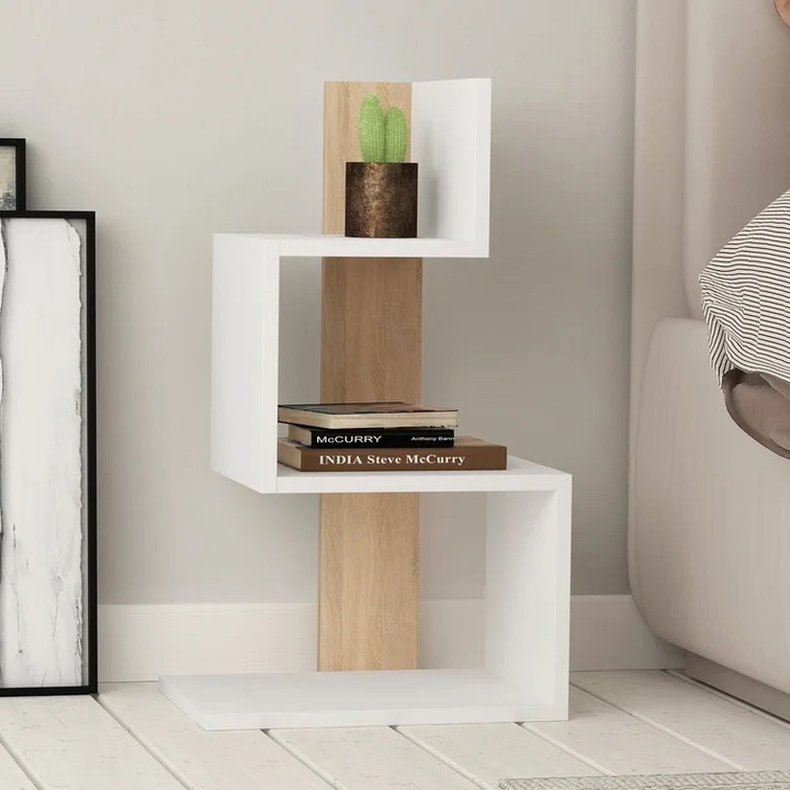 Странична маса Mobleto, бяло и дъб, 18 мм стълб, 3 рафта, модерен дизайн, 72x42 см