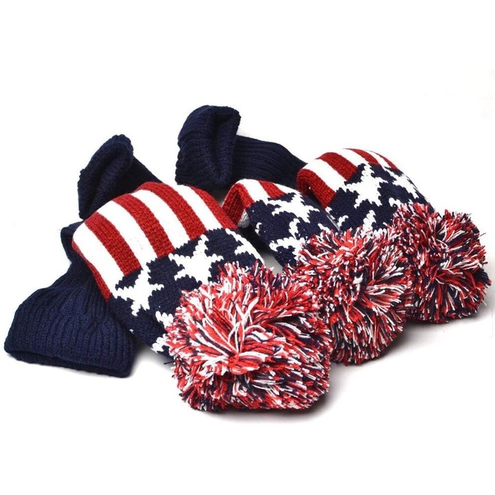 Set de acoperire pentru cap de golf tricotat, Enforose, design steag american, material tricotat de dubla rezistenta, 3 buc.