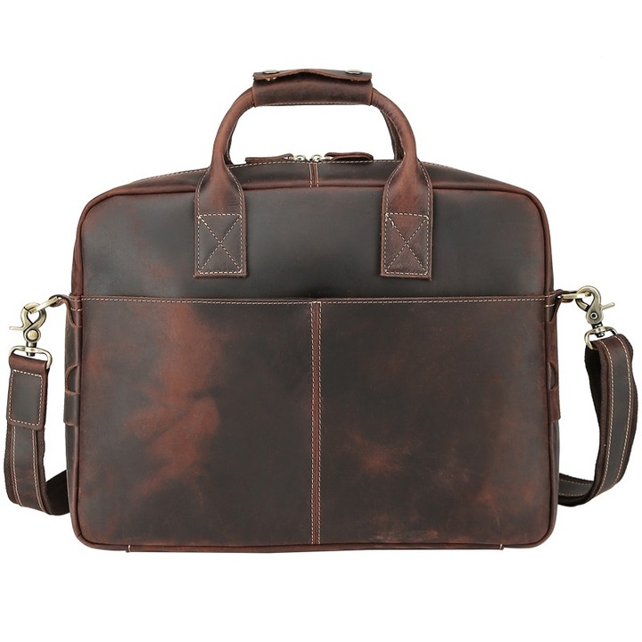 Servieta, Impermeabila, Compartimente Multiple, Piele naturala, Maro, 42x31x10cm