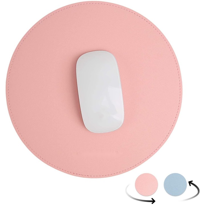 Mousepad rotund din piele ecologica, Fokelyi, roz si albastru, 2 in 1