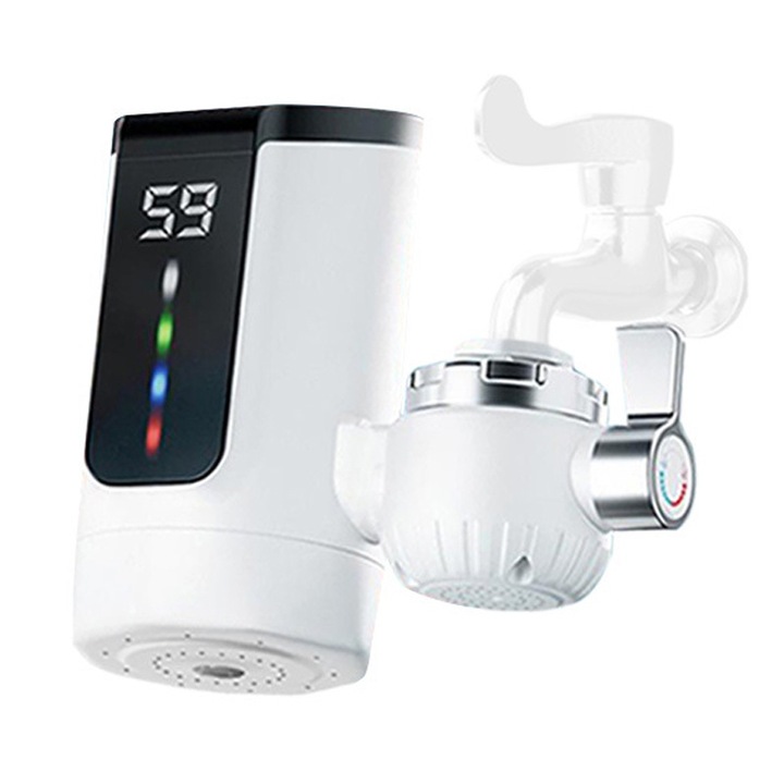 Golxmse azonnali elektromos csaptelep, gyors felfűtés 3 másodperc, digitális kijelző, fehér, 6,5x13x14,5 cm