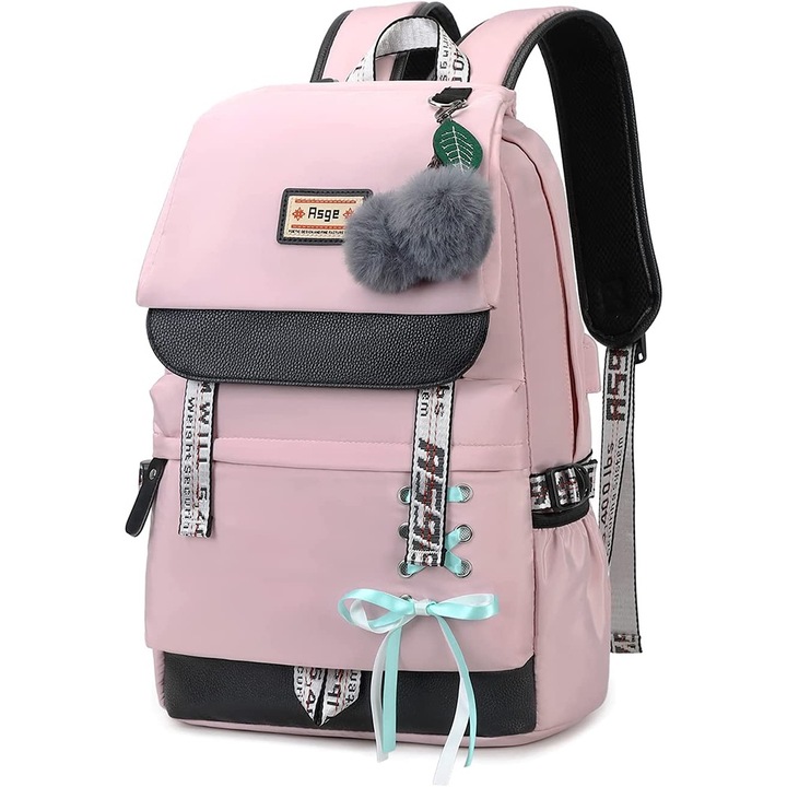 Rucsac unisex, impermeabil, cu interfata USB si compartiment laptop 15.6", poliester, roz/negru, 30x16x42cm