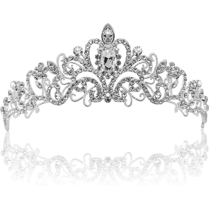 Tiara cu cristale pentru nunti, argintiu, pentru femei si fete