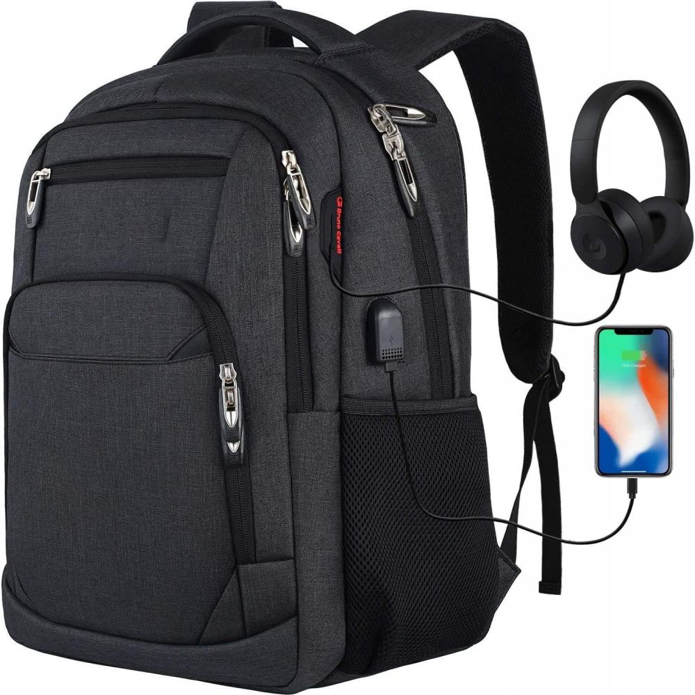 Rucsac pentru laptop cu port de incarcare USB, pentru barbati/femei/baieti/adolescenti, pentru serviciu, scoala, universitate, cu compartiment pentru laptop si geanta antifurt (15, 6 inci, negru)