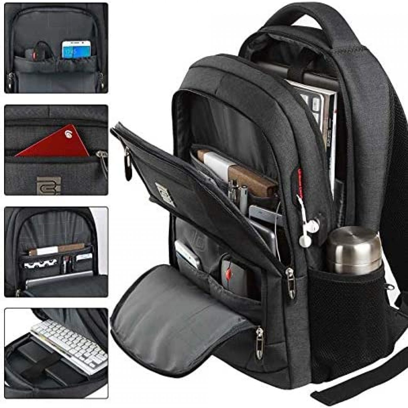 Rucsac pentru laptop cu port de incarcare USB, pentru barbati/femei/baieti/adolescenti, pentru serviciu, scoala, universitate, cu compartiment pentru laptop si geanta antifurt (15, 6 inci, negru)