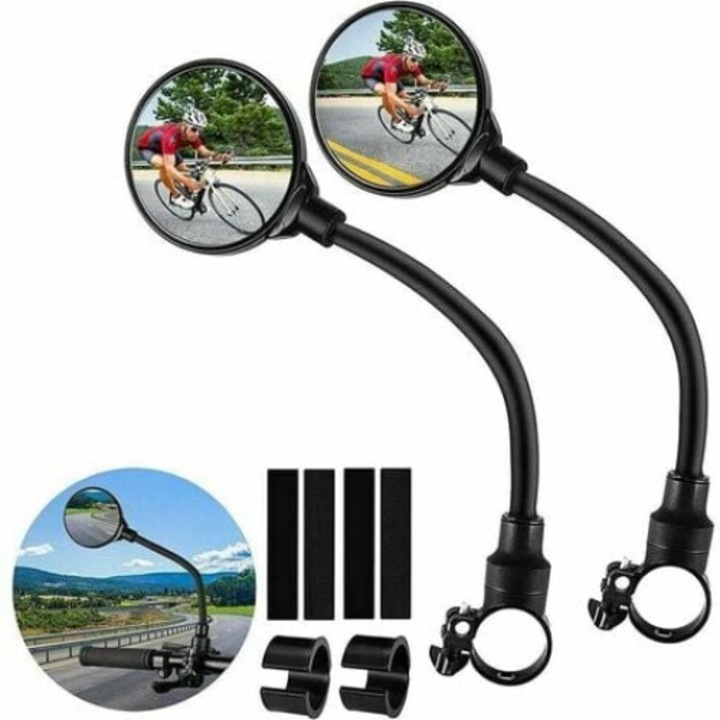 Set 2 oglinzi retrovizoare bicicleta, Plastic, Convexe, Rotative 360°, Montare pe ghidon, 22-32mm, 8.5cm, Negru