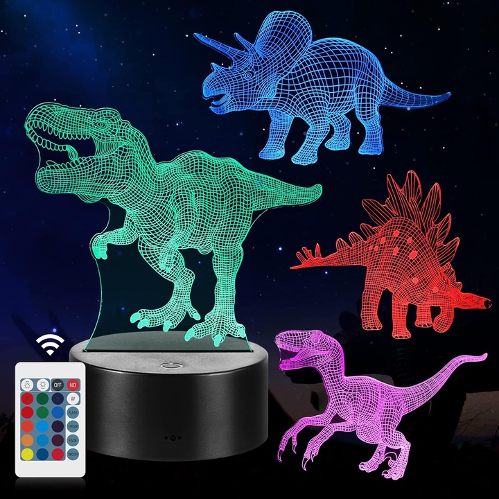 Dinoszaurusz LED éjjeli lámpa, 16 szín, távirányító, állítható, többszínű, 15x15x15cm