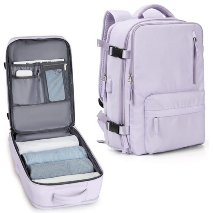 Мултифункционална раница за пътуване, водоустойчива, отделение за обувки, USB порт, против кражба, Lila