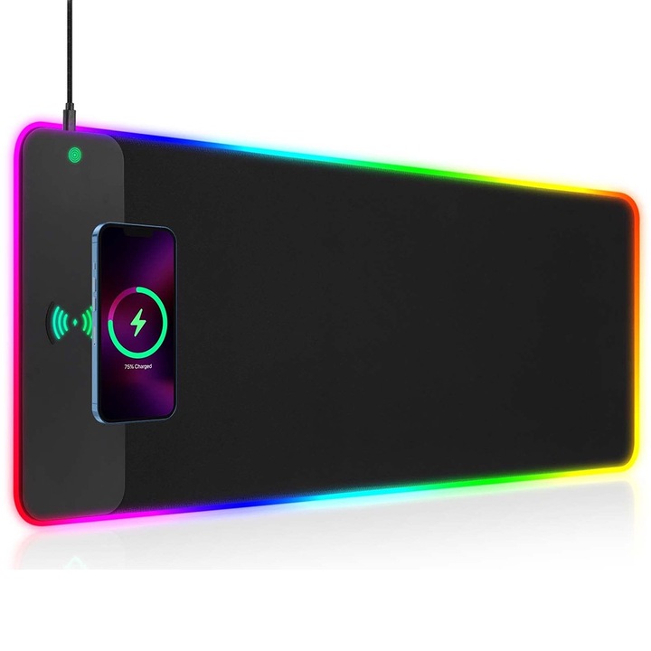 Mousepad gaming, 800x300mm, incarcare wireless, RGB, negru