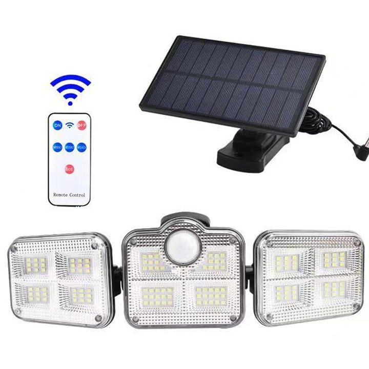 Външна соларна лампа със сензор за движение, външна соларна лампа с 122 LED диода с дистанционно управление, соларен прожектор 1200 лумена, соларен рефлектор за градина с 5 м кабел, IP65 водоустойчив zhu