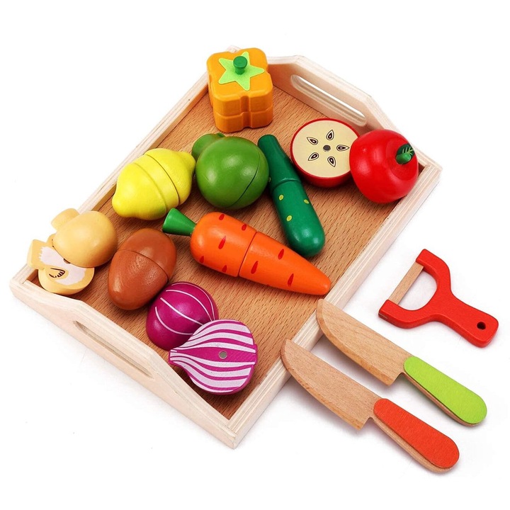 Jucarii bucatarie copii, Montessori, legume si fructe, lemn, multicolor, 4-6 ani