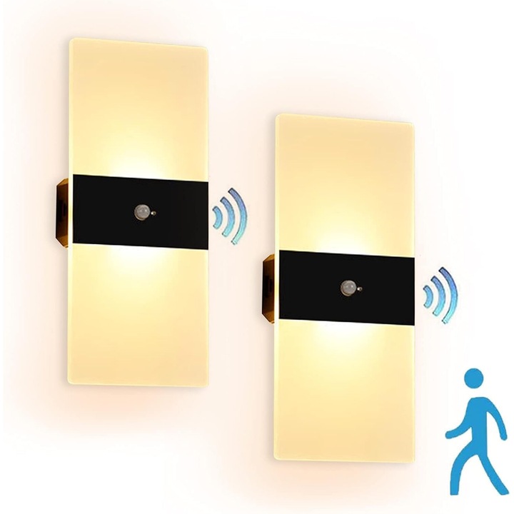 Комплект 2 аплика с LED със сензор за движение, 2000 mAh батерия, USB зареждане, 3000K, акрил, 2.8W, прозрачни