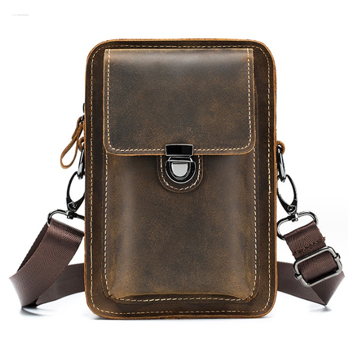 Bőr válltáska telefonhoz, 13,5x5x20cm, férfi kiegészítő szett