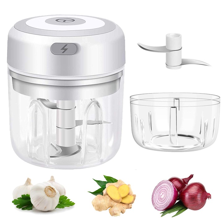 Tocator electric portabil pentru usturoi, ceapa si ardei, set 2 boluri 100ml si 250ml, USB, alb, 11.2cm