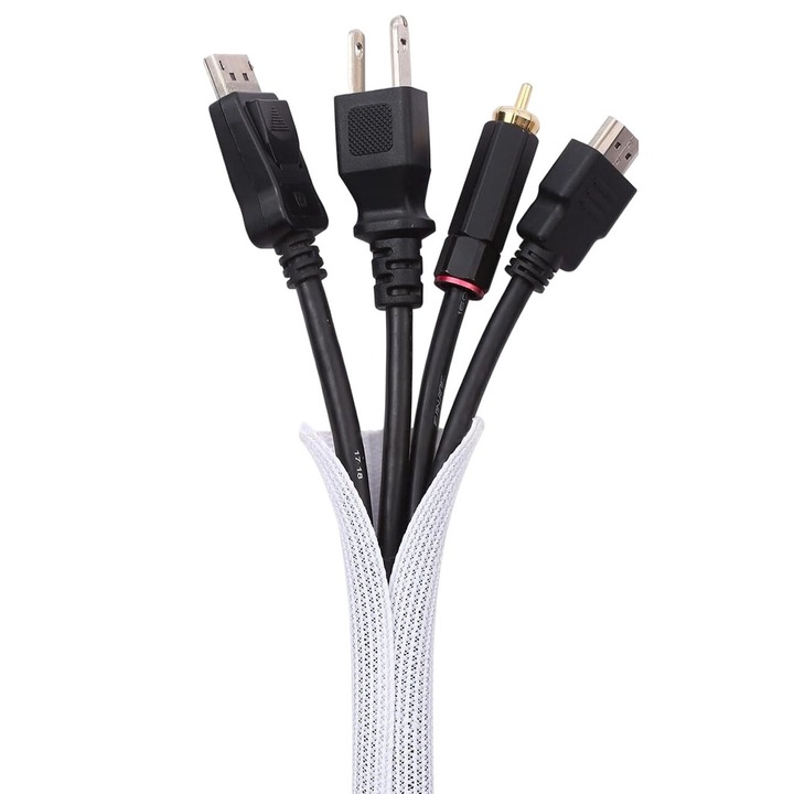 Set organizare cabluri, maneca 3m, 20 cleme autoadezive, 20 coliere nylon, alb, rezistent la foc