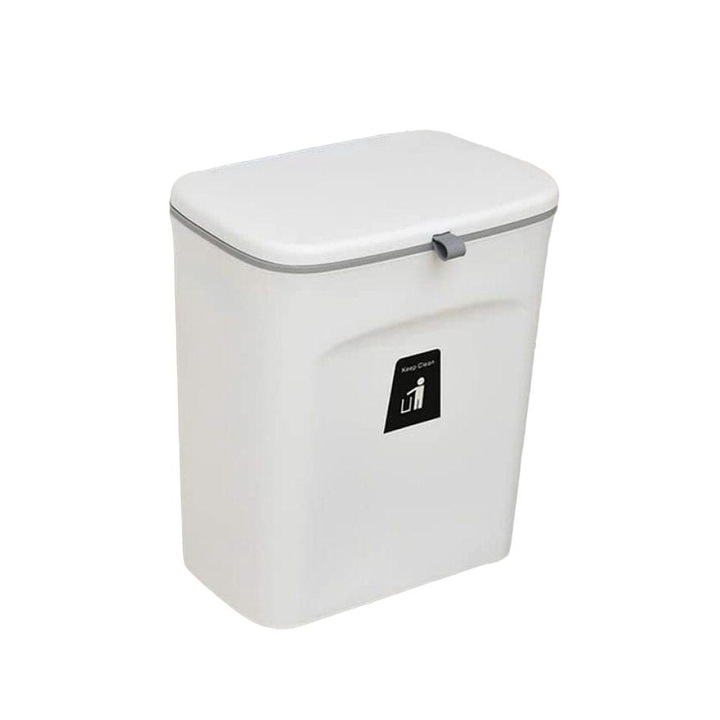 Cos de gunoi suspendat cu capac, alb, 9L, PP, set montare inclus, 29.5x23.7x13cm