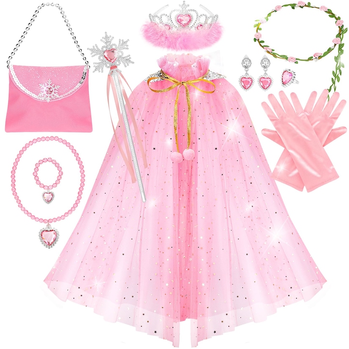 Set de Costume Printesa MWAOWM, 10 Piese, Capa cu Paiete, Accesorii, Roz, pentru Fete 3-8 Ani