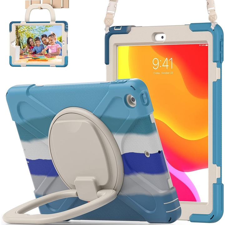 Husa de protectie pentru iPad 10.2 inch, AMRINUGL, 3 straturi, cu suport rotativ si curea ajustabila, multicolor