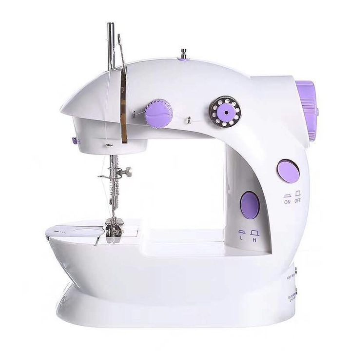 Masina de cusut mini portabila 0806BM-BST3188345, carcasa metal si ABS, cusaturi pana la 2.5 mm, viteza max. 330 SPM, lumina LED, dubla viteza, alimentare baterie/adaptor 100-240V, alb/mov