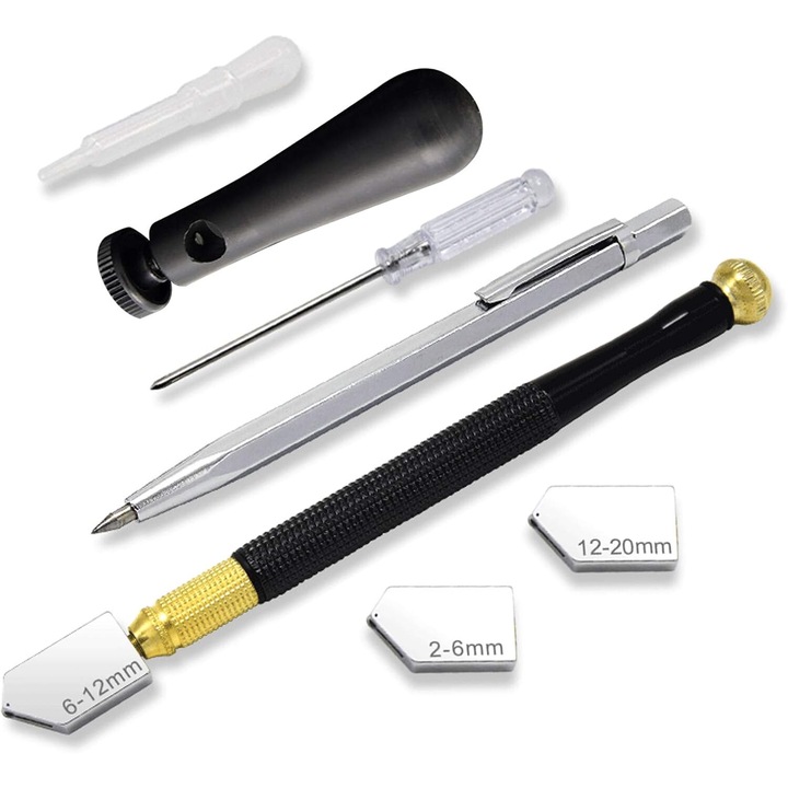 Set 7 piese pentru taiere sticla, Diamant, interval taiere 2-20mm, Multicolor