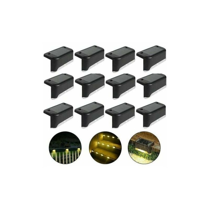 Vízálló napelemes kerítéslámpa, napelemes fedélzeti világítás, lépcsőlámpa, IP65 LED-es napelemes kerti lámpák teraszokhoz, lépcsőkhöz és kerítésekhez (Meleg fény-Fekete, 12 db)