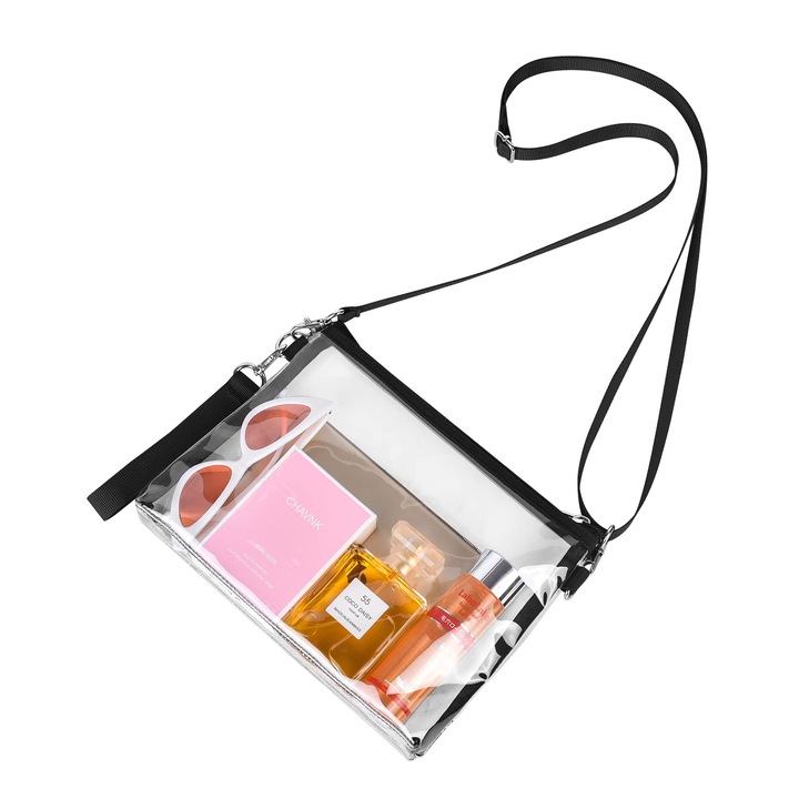 Jormftte átlátszó táska, 7,5x1,5x10", levehető pánttal, fekete