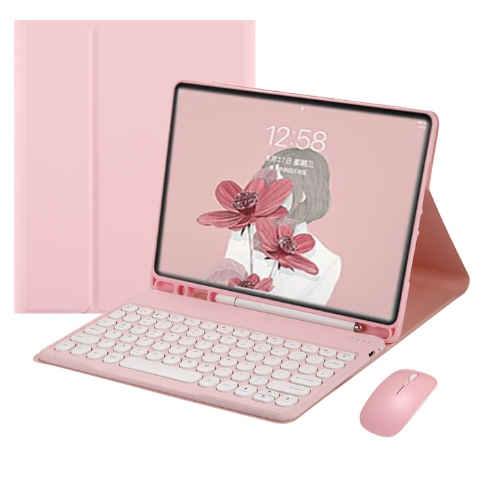 Színes Bluetooth billentyűzet vezeték nélküli egérrel és tokkal iPad 10.2/10.5 inch-hez, rózsaszín, stylustartóval