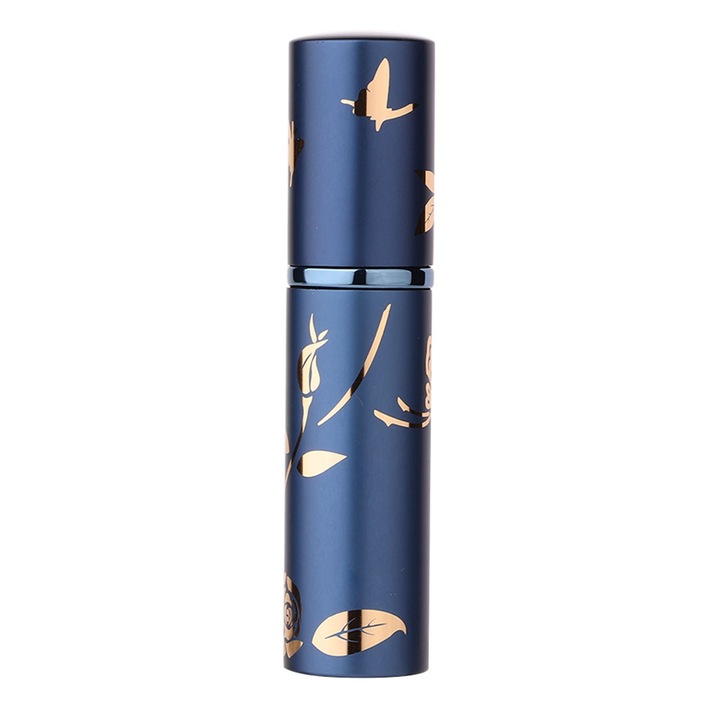 Atomizor Parfum, Sticla, Model cu Flori, 10 ml, 10 x 2.3 cm, Albastru/Auriu