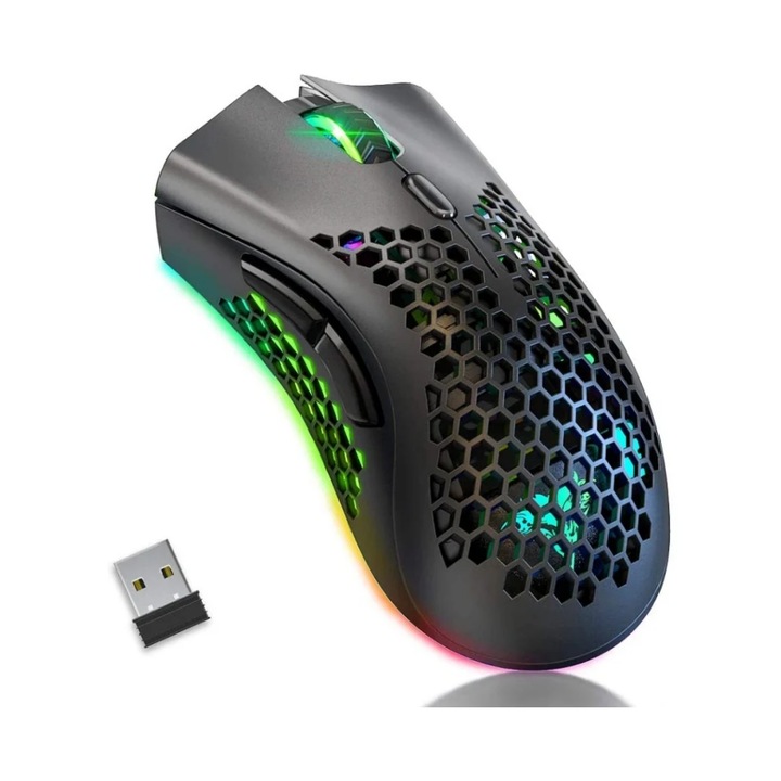 Безжична мишка, лек дизайн с корпус тип „пчелна пита“, презареждащо се RGB осветление, 2.4GHz, за PC/Mac/лаптоп