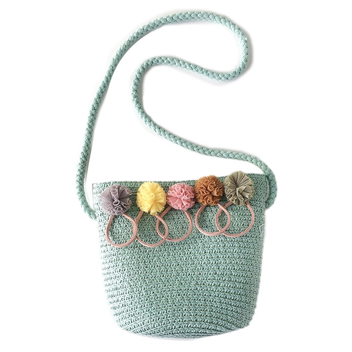 Jormftte gyermek táska, szalma crossbody táska, zöld, virágokkal, kicsi