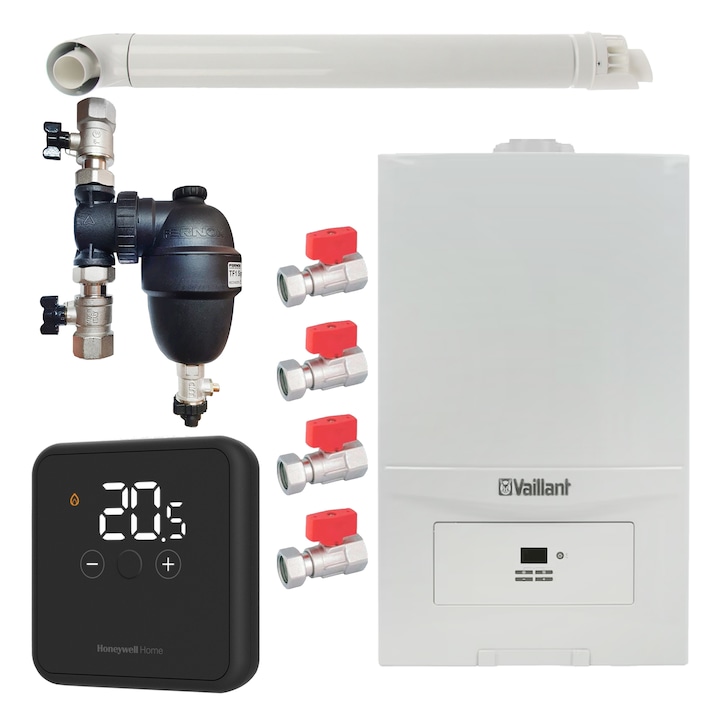 Pachet centrala termica Vaillant VUW 286/7-2 ecoTEC Pure 28 kW, gaz natural + GPL, murala, termostat Honeywell wireless DT92, filtru antimagnetita Fernox F1 Sigma, set robineti Fornara si kit evacuare RTM incluse