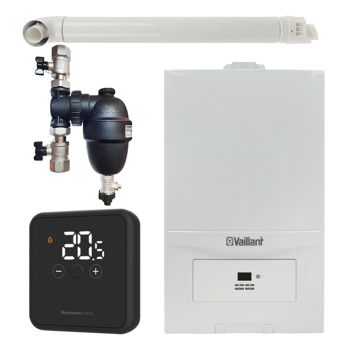 Pachet centrala termica Vaillant VUW 286/7-2 ecoTEC Pure 28 kW, gaz natural + GPL, murala, termostat Honeywell wireless DT4R, filtru antimagnetita Fernox F1 Sigma si kit evacuare RTM incluse