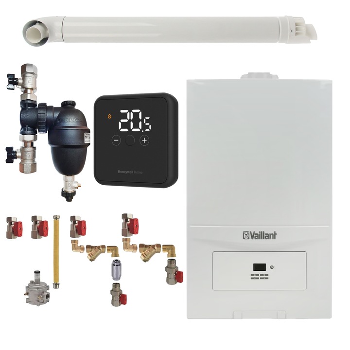 Pachet centrala termica Vaillant VUW 286/7-2 ecoTEC Pure 28 kW, gaz natural + GPL, murala, termostat Honeywell wireless DT4R, filtru antimagnetita Fernox F1 Sigma, kit montaj complet RTM si kit evacuare RTM incluse