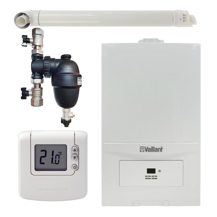 Pachet centrala termica Vaillant VUW 286/7-2 ecoTEC Pure 28 kW, gaz natural + GPL, murala, termostat Honeywell wireless DT92, filtru antimagnetita Fernox F1 Sigma si kit evacuare RTM incluse
