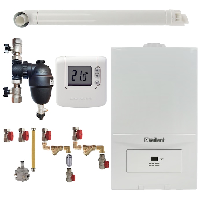 Pachet centrala termica Vaillant VUW 286/7-2 ecoTEC Pure 28 kW, gaz natural + GPL, murala, termostat Honeywell wireless DT92, filtru antimagnetita Fernox F1 Sigma, kit montaj complet RTM si kit evacuare RTM incluse
