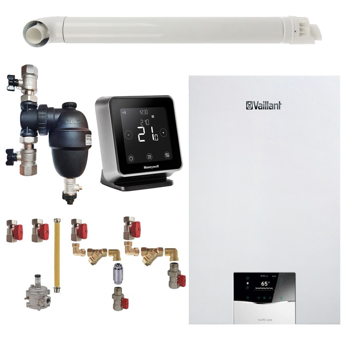 Pachet centrala termica Vaillant VUW 40CS/1-5 ecoTEC Plus 37.7 kW, termostat Wi-Fi Honeywell Lyric T6R, filtru antimagnetita Fernox F1 Sigma, kit montaj complet RTM si kit evacuare RTM incluse