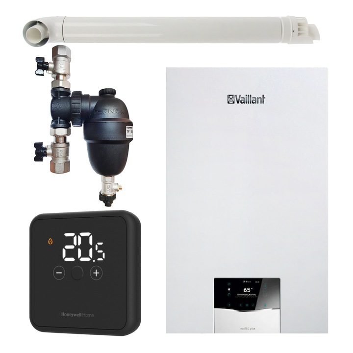 Pachet centrala termica Vaillant VUW 36CS/1-5 ecoTEC Plus 33.3 kW, termostat Honeywell wireless DT4R, filtru antimagnetita Fernox F1 Sigma si kit evacuare RTM incluse
