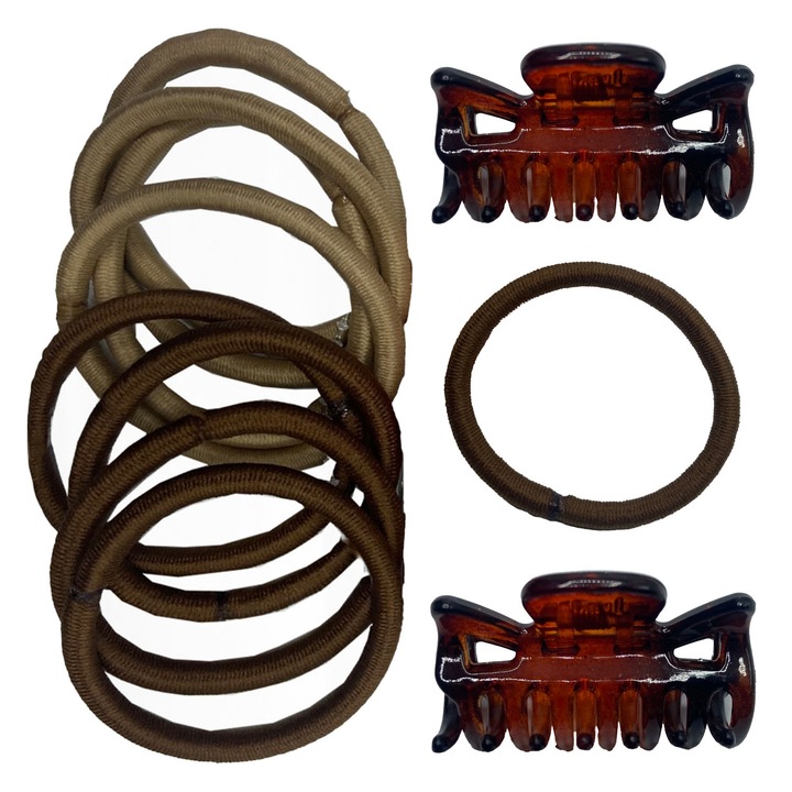 Hajcsat és hajgumi, barna/bézs, 18 db, műanyag/fém/gumi