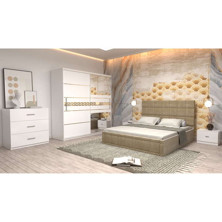 Dormitor Andrei cu Pat Tapitat Bej Stofa Dulap Gold 200 Alb Usi glisante Albe cu Oglinda Noptiere si cu comoda TV