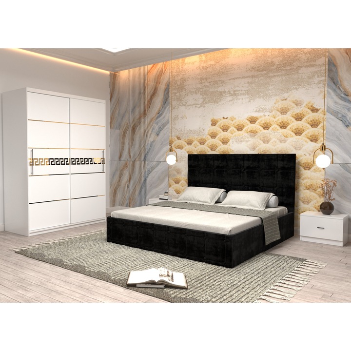 Dormitor Andrei cu Pat Tapitat Negru Stofa de 160x200 cu Dulap Nova Gold 150 Alb cu Usi Albe fara Oglinda, Noptiere si Comoda TV