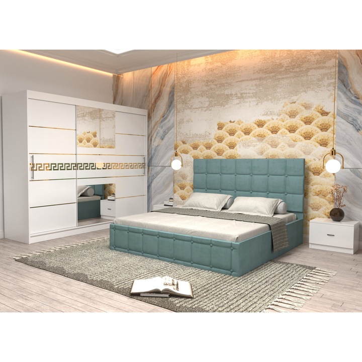 Dormitor Andrei cu Pat Tapitat Turcoaz Stofa de 160x200 cu Dulap 250 Gold Alb cu Usi Albe si Oglinda, Noptiere si fara comoda TV
