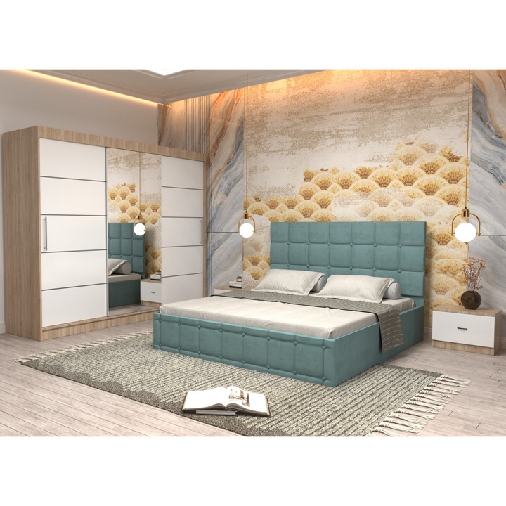 Dormitor Andrei cu Pat Tapitat Turcoaz Stofa de 160x200 cu Dulap 250 Stejar cu Usi Albe cu Oglinda, Noptiere si fara comoda TV