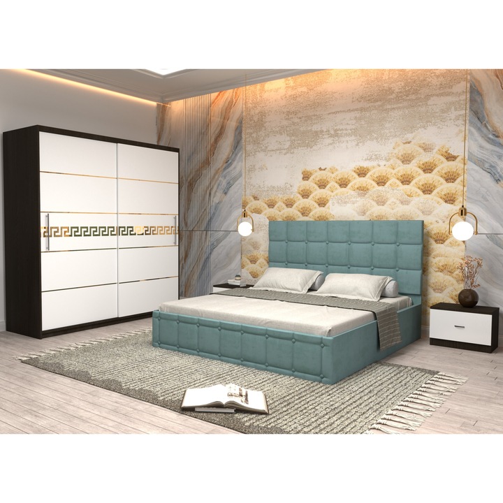 Dormitor Andrei cu Pat Tapitat Turcoaz Stofa de 160x200 cu Dulap Gold 200 Wenghe cu Usi Albe fara Oglinda, Noptiere si fara comoda TV