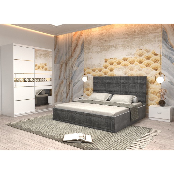 Dormitor Andrei cu Pat Tapitat Gri Stofa Dulap Gold 150 Alb Usi glisante Albe cu Oglinda Noptiere si fara comoda TV