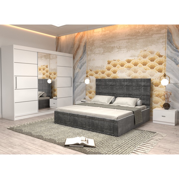 Dormitor Andrei cu Pat Tapitat Gri Stofa de 160x200 cu Dulap 250 Alb cu Usi Albe si Oglinda, Noptiere si fara comoda TV