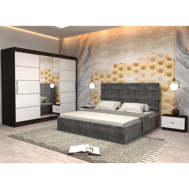 Dormitor Andrei cu Pat Tapitat Gri Stofa Dulap Wenge 250 x 200 cm usi glisante albe cu oglinda si Noptiere